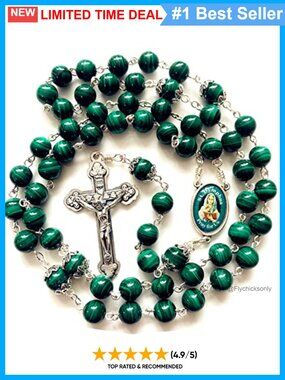 Handmade Malachite 8MM Beads Silver Plate Rosary Cross Necklace Catholic Gift